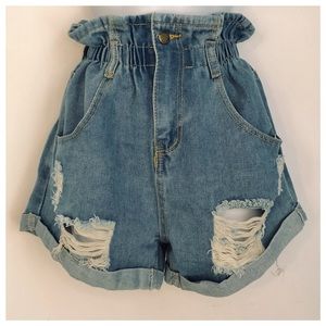 Wide leg shorts Paper bag elastic waist distressed Mom jean shorts women size S